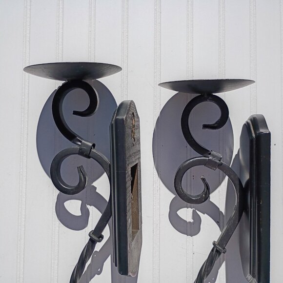 Black Wrought Iron Wall Sconce Pair Pillar Candle Holders Sconces Twisted Scroll - Picture 8 of 14